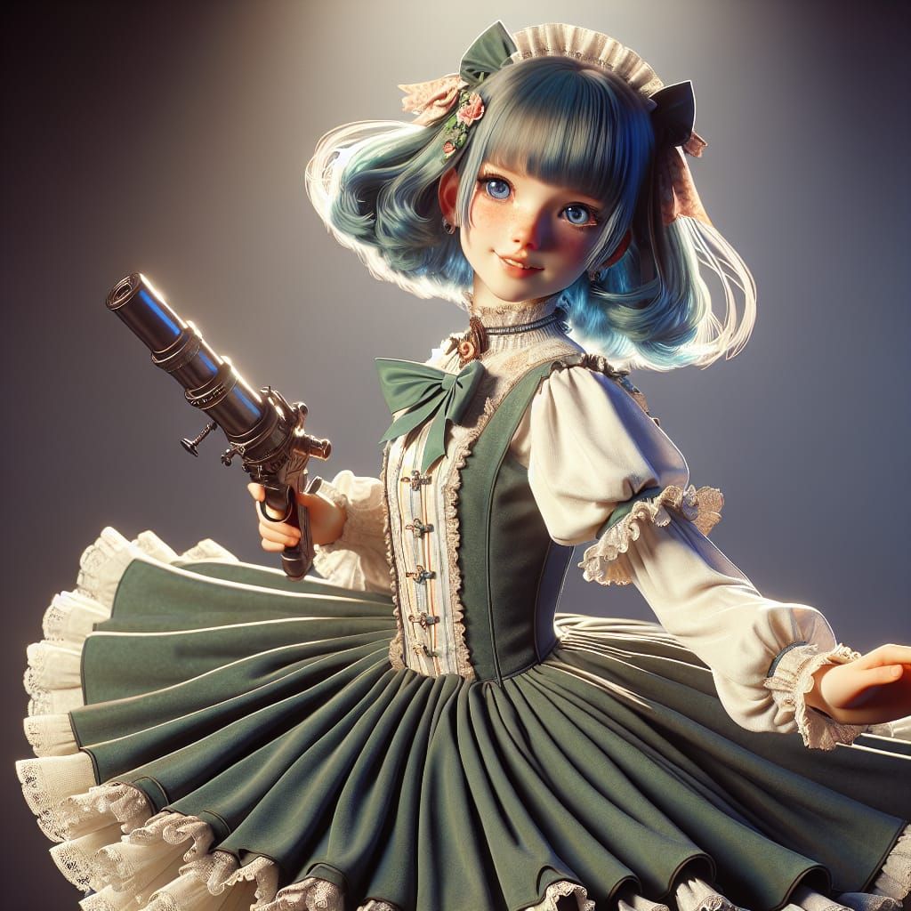 Elegant Victorian Girl Wields Rocket Launcher in a Cinematic...