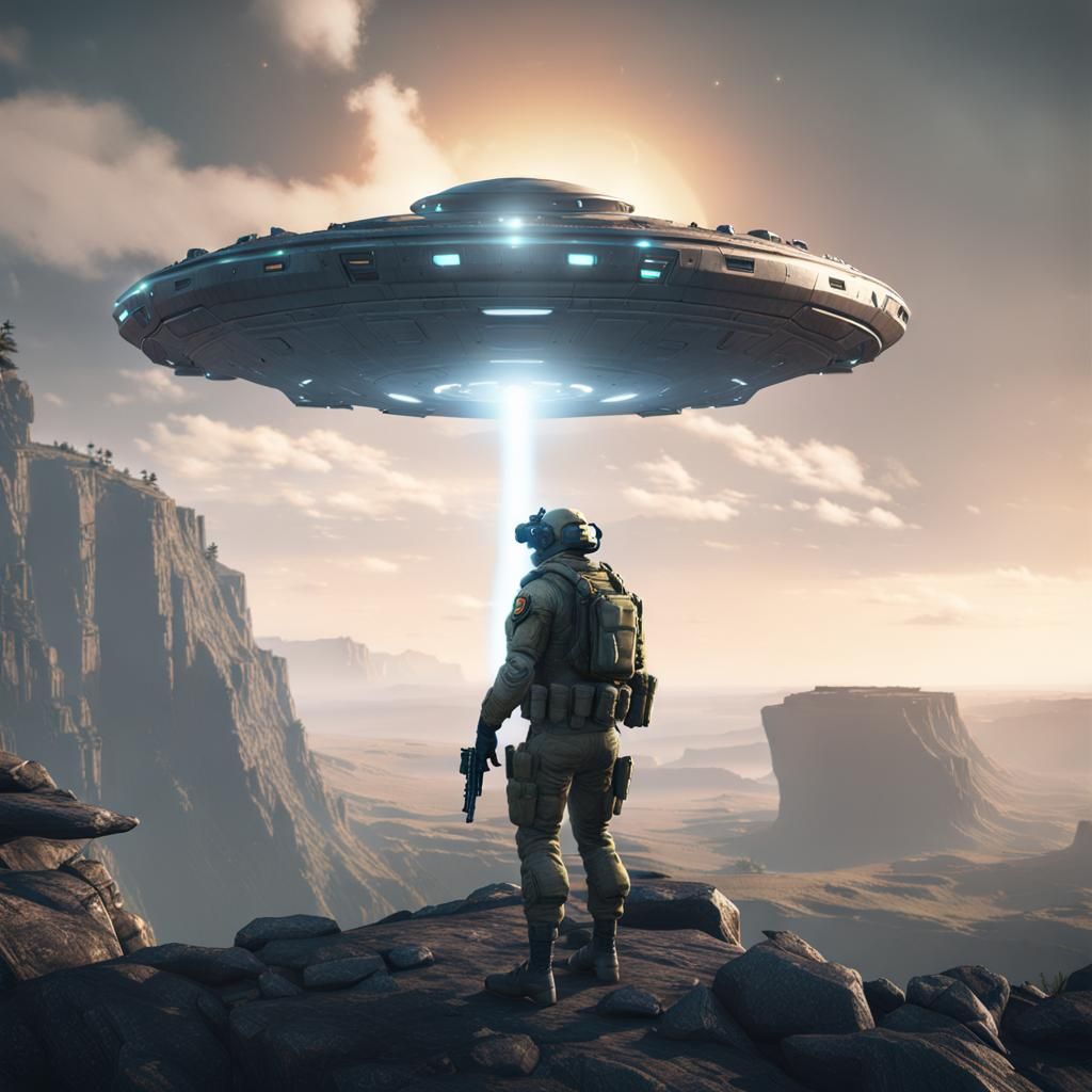 Soldier makes stunned contact with a UFO on the edge of a cliff. - AI ...