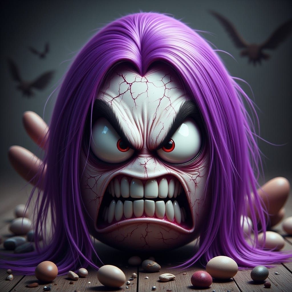 <lora:-Angry Eggs-:1.0> a female punk gothic angry egg with purple long hair