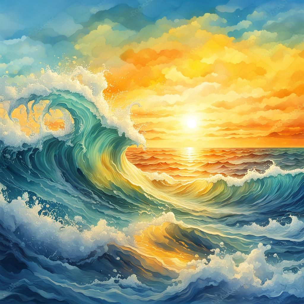 A beautiful bright sun rise, over the blues bright shining sea, waves calm, bright yellow, orange sky, ...  by @Irene