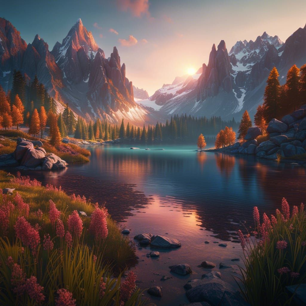 Alpine landscape with lake in sunrise detailed matte painting, deep color, fantastical, intricate detail, ...  by @HarrietM