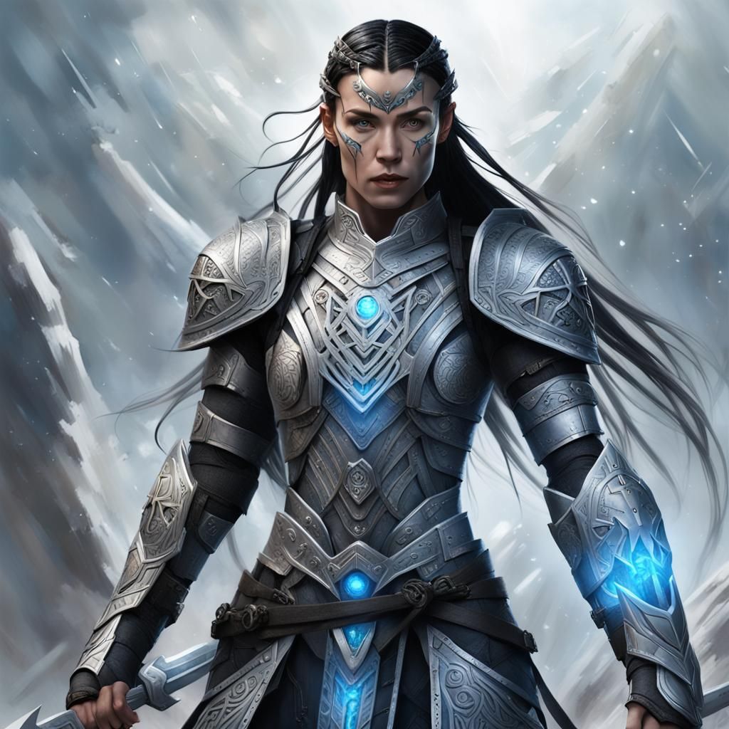 tall, pale, strong jawed woman. tribal markings, long black ...