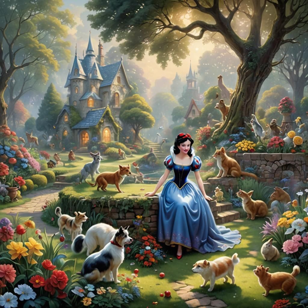 Snow white playing with animals in a garden