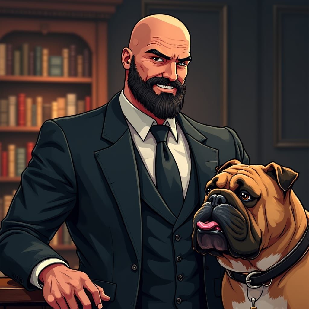 A bald lawyer in his office, with a beard, 49 years old, fit. In a suit. With a bulldog next to him. Manga style.