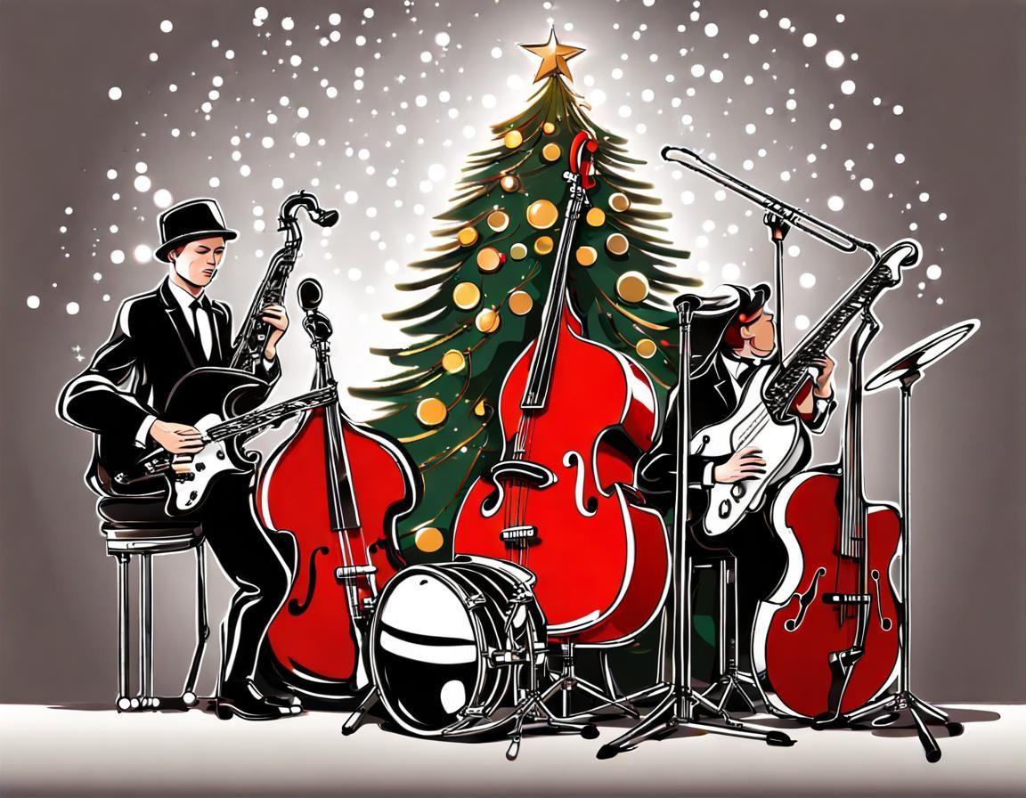 drums, saxophone, piano, bass, guitar, Jazz band, Christmas tree
