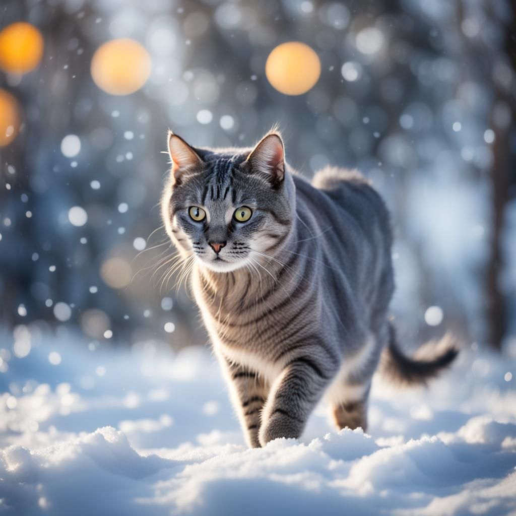 There is a gray cat walking in the snow.