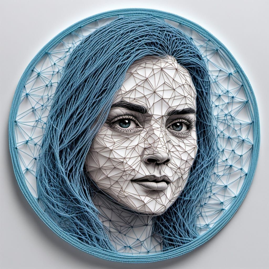 Portrait, high-density string art technique, single continuous thread, ultra-fine filament thread, intricate circular geometric patterns, ph...