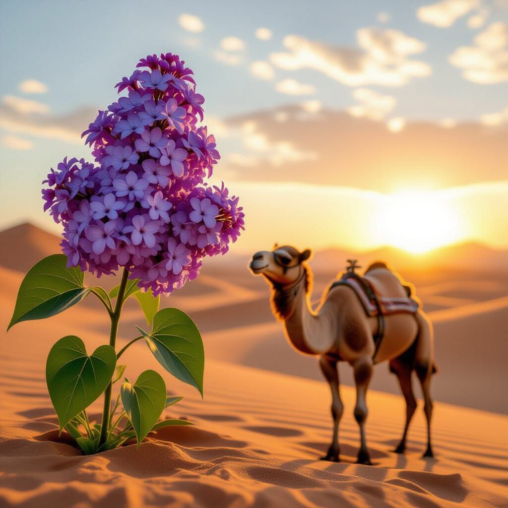 Giant Lilac Flower and Camel in Desert Dawn