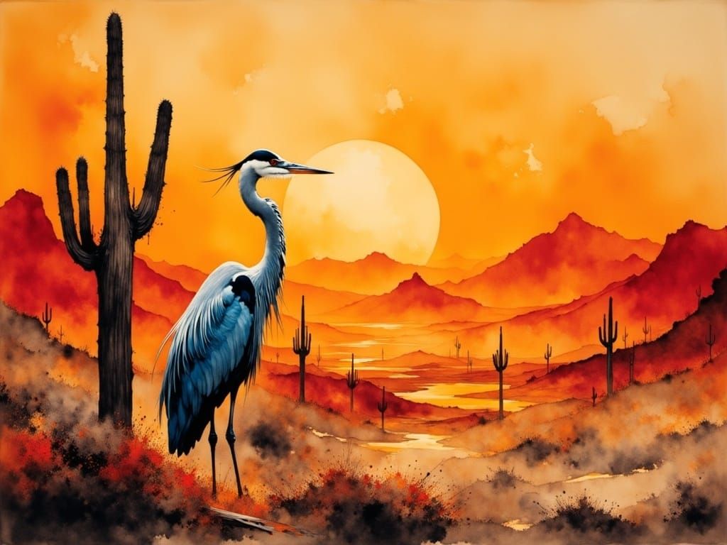 landscape, heron, desert, hills in background, orange and red palette <lora:Paysage:1.0> 