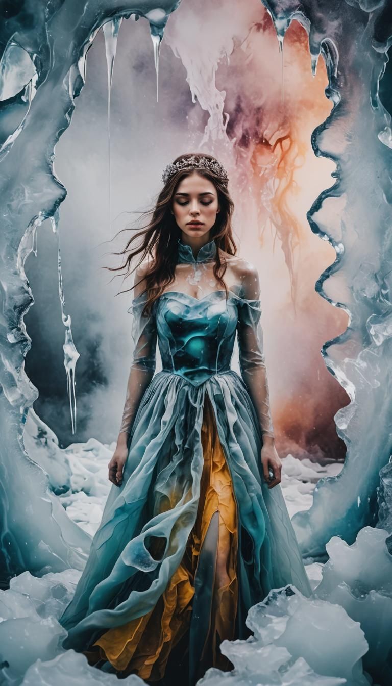 Princess trapped in melting ice. Perfect composition, evocat...