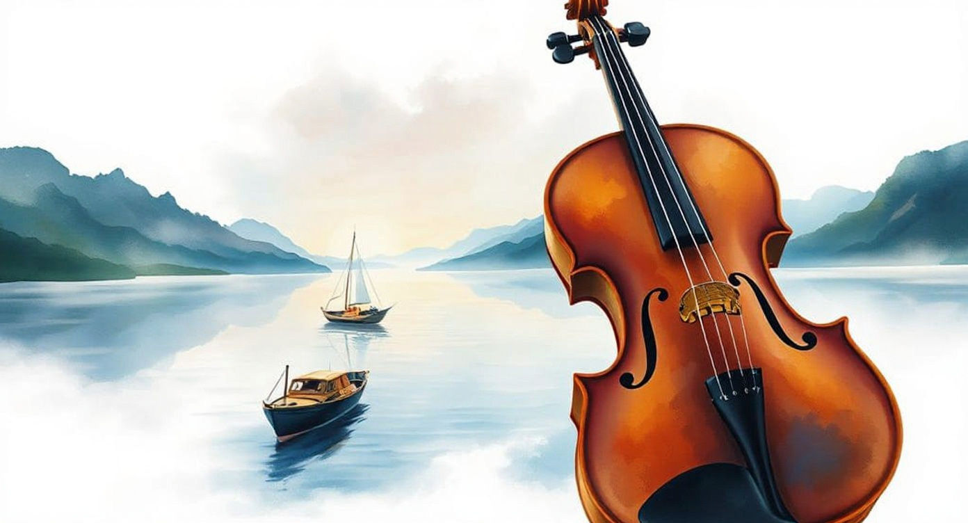 Violin Lake: Surreal Watercolor Dreamscape