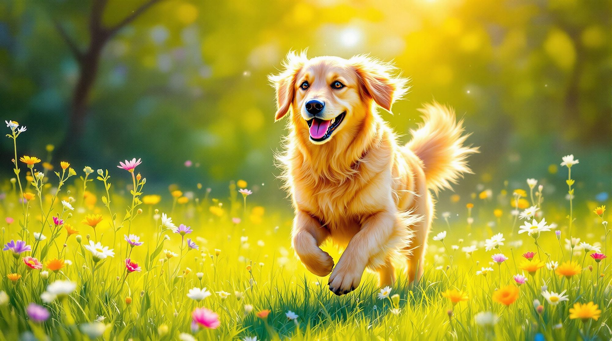 A heartwarming scene of a golden retriever playing in a lush green field, with wildflowers blooming all around. The sun is shining brightly,...