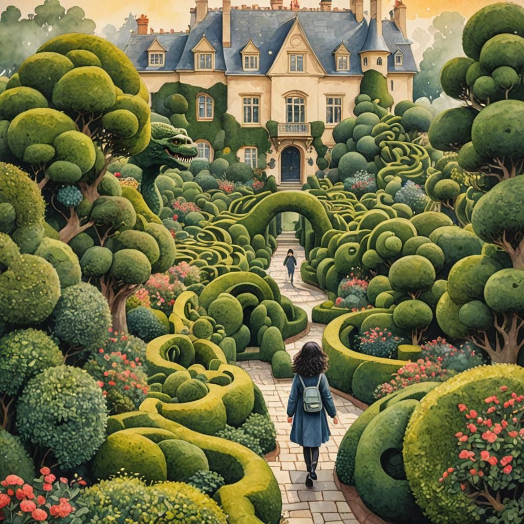 a young girl with wild  curly  black hair on a journey traveling through a dreamscape surreal uncanny valley wild garden  maze with dragons/...