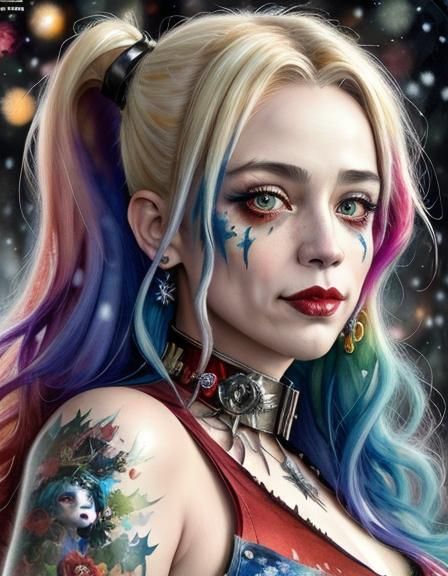 Harley Quinn in Christmas Dark Fantasy Gouache