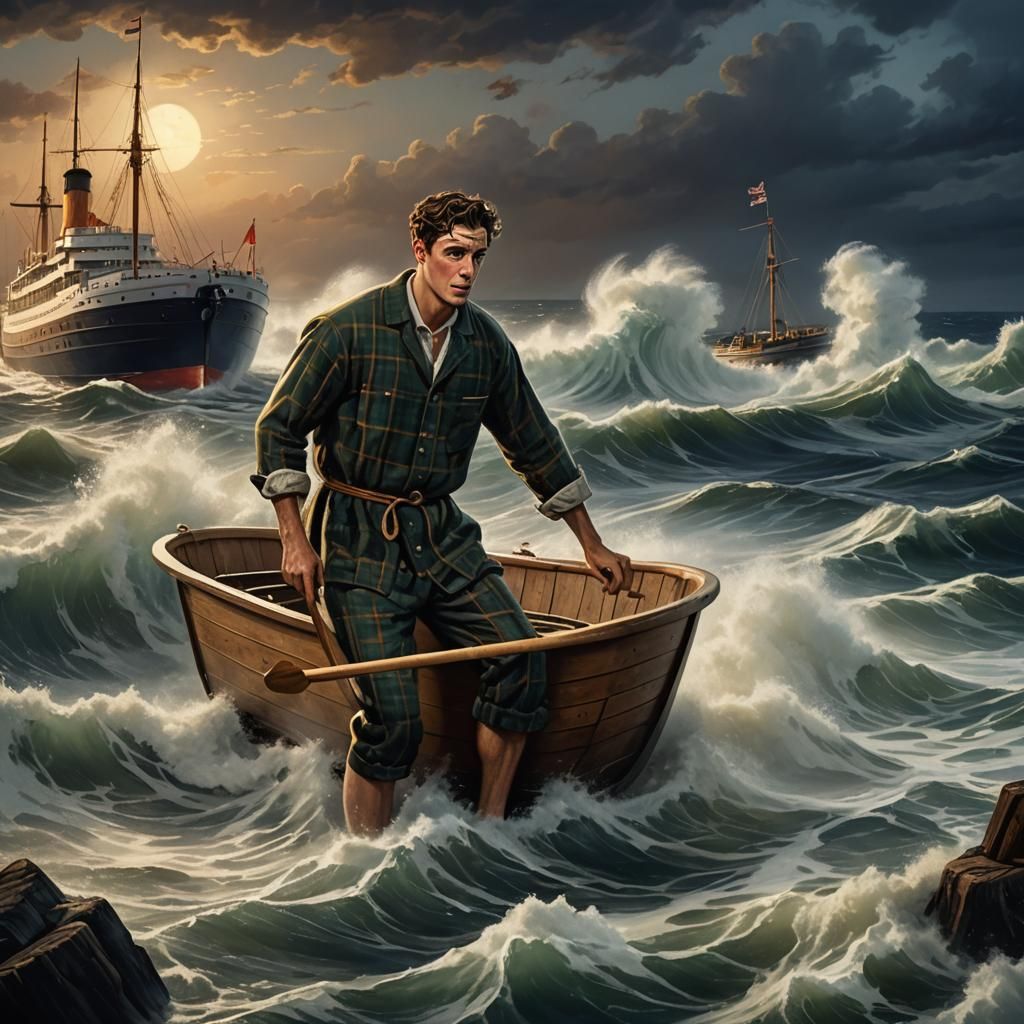 an evening scene of a young man in flannel pajamas, frantica...