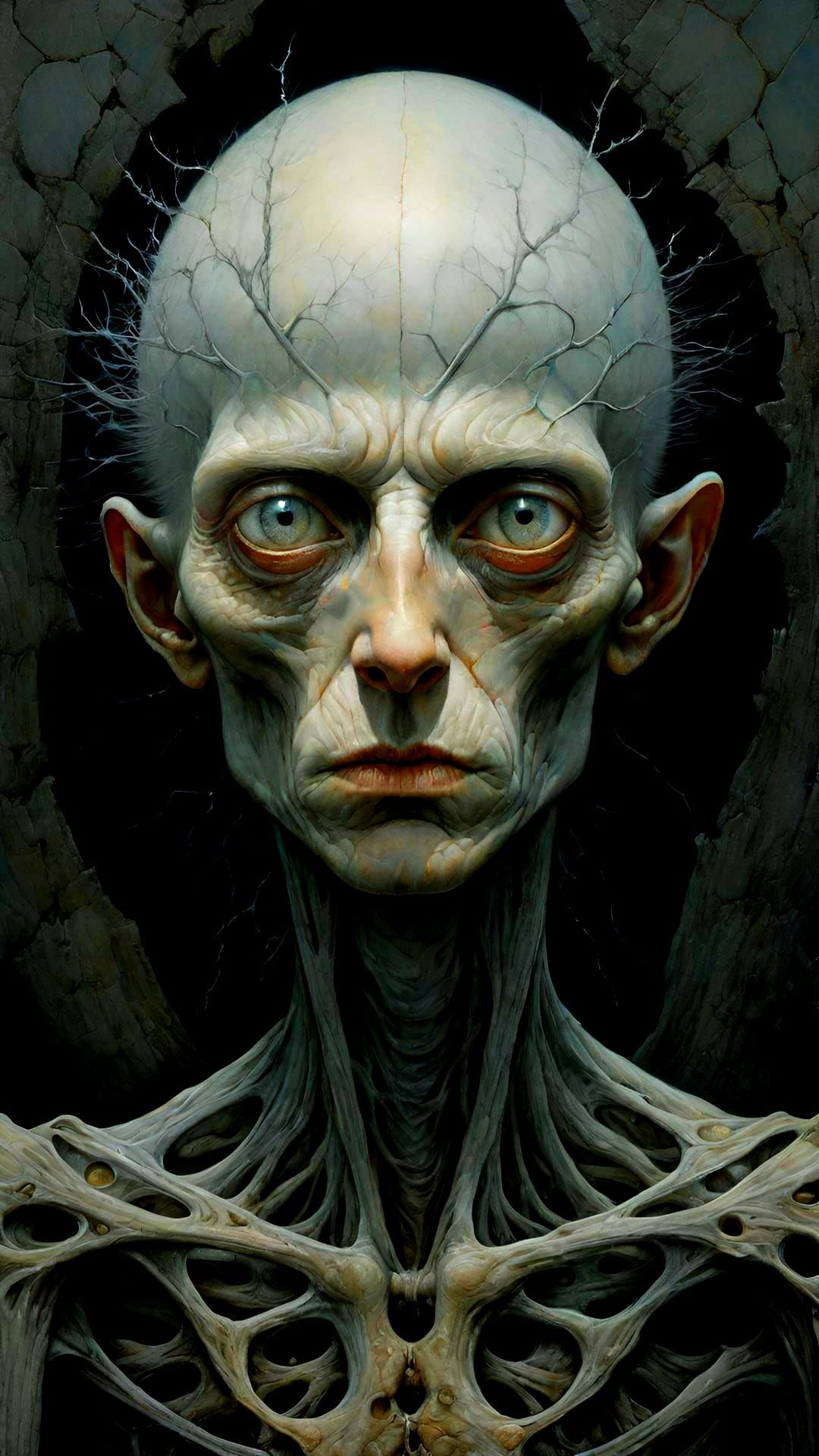 A portrait rendered in the dark realism style of Zdzisław Beksiński