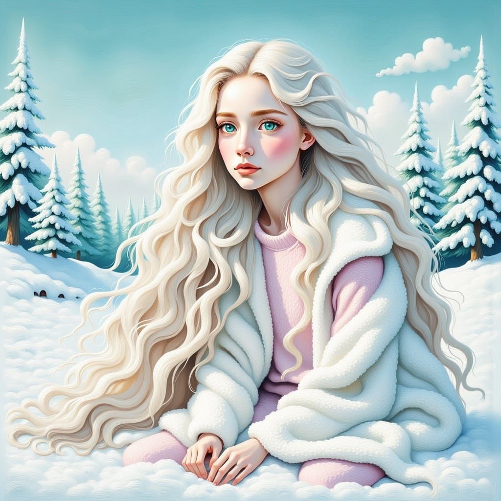 <lora:Lovely portrait:1.0>A Winter's gorgeous woman with a pale face, big blue eyes, wearing a pastel sweater with a white coat, sitting on...