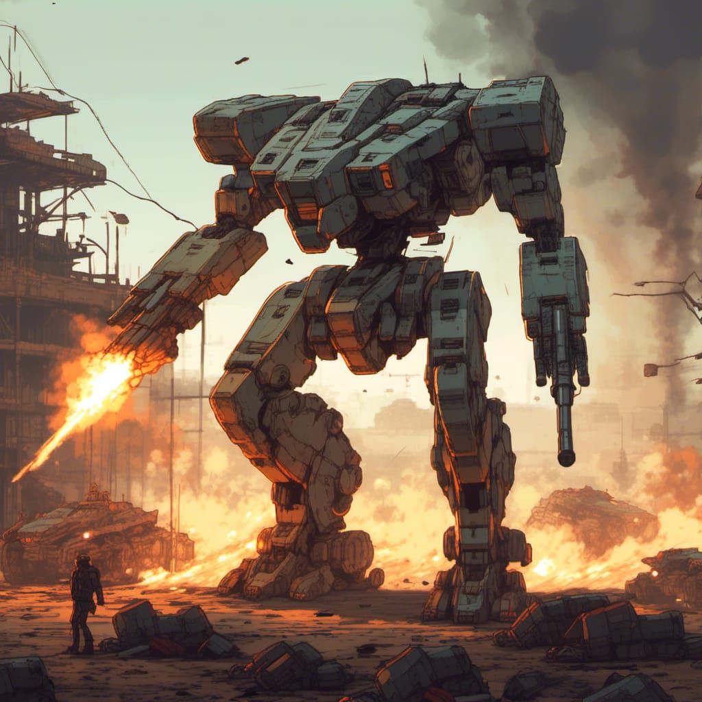 A slender Metal Gear style mecha stands over a burning tank and fires a machinegun on an active battlefield. Dynamic action, masterpiece. <l...