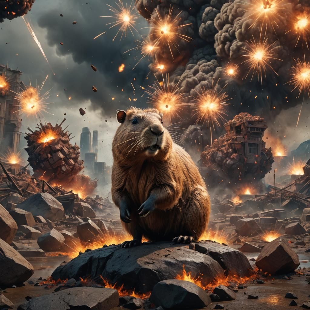 A Capybara watching a explosion
