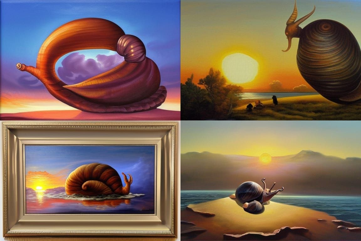 Sunset over a giant snail, classical oil painting