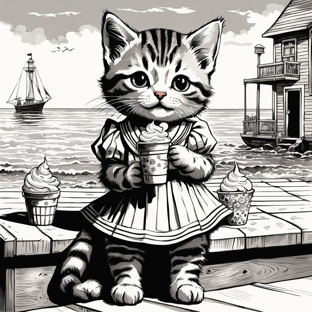Watercolour painting a bright colours drawing of a tabby kitten in a dress and a tabby kitten in a sailor suit eating ice creams at the seas...