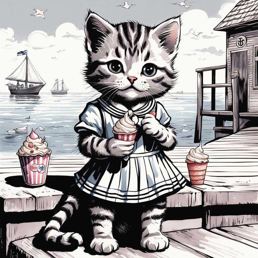 Watercolour painting a bright colours drawing of a tabby kitten in a dress and a tabby kitten in a sailor suit eating ice creams at the seas...