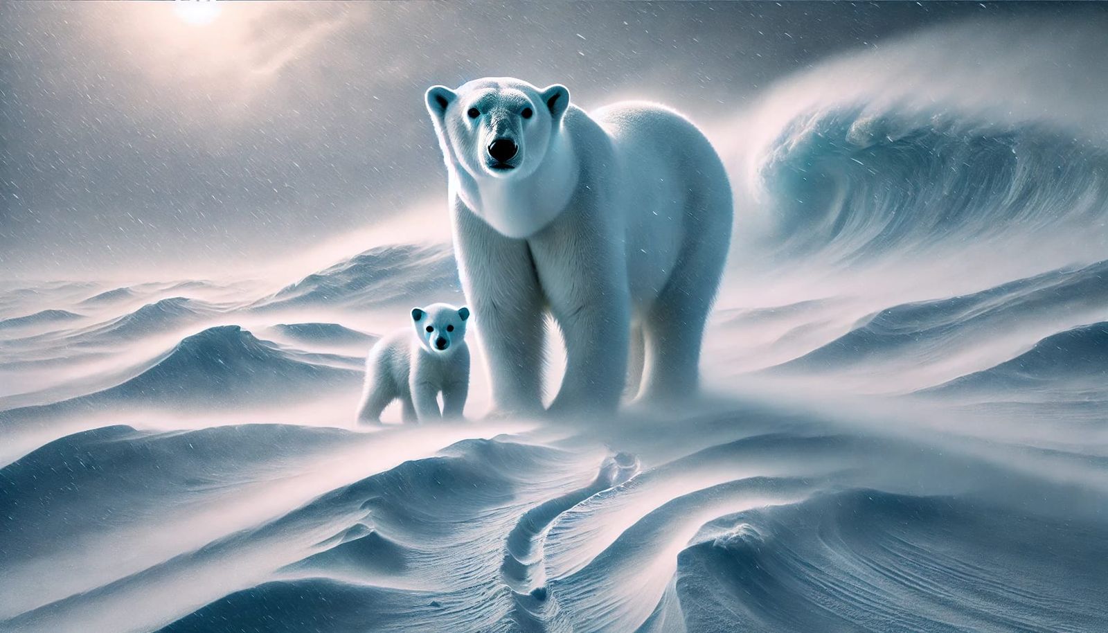 Polar bear and her cub marvel at the view after a blizzard.