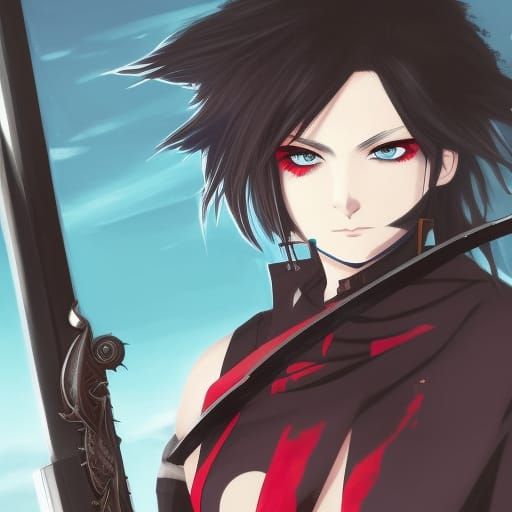 girl with Red and black sideswept spiky hair, red and pink e...