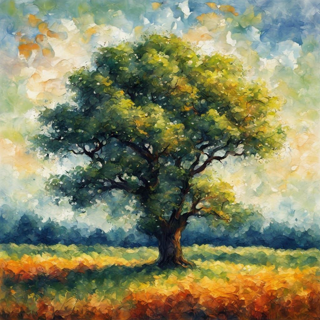 Lonely Tree in Field, Neo-Impressionist Style