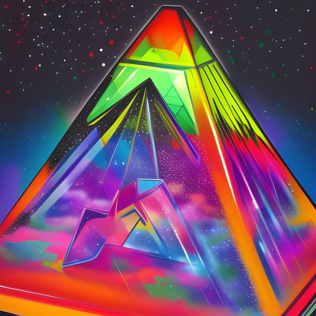 a glass pyramid with mt Fuji inside and rainbow lights AI Generated