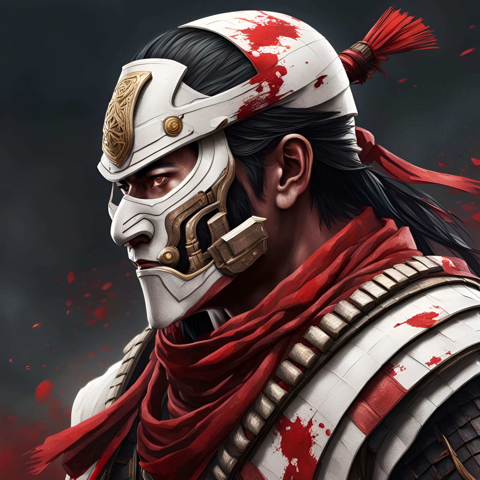 A samurai white armor. Wearing a blood red scarf around his neck. Like ...