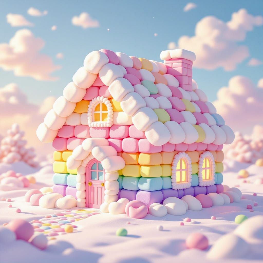 Whimsical Marshmallow House in Dreamlike Digital Art Style