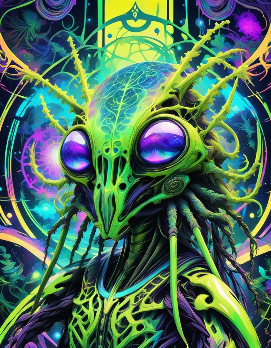 An alien digital psychedelic world and a mysterious alien ma...