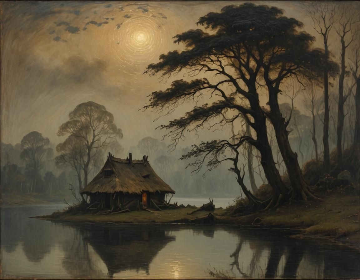A witch hut by a forest lake   by @undefined