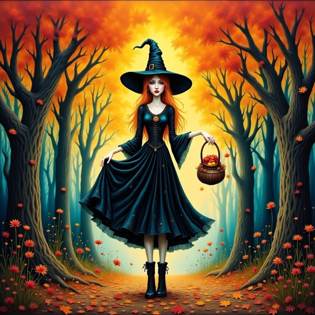 <lora:Witches:1.0> Detailed matte painting of A beautiful witch, boots, autumn trees, falling leaves, happy, by Jasmine Becket Griffith, Nic...