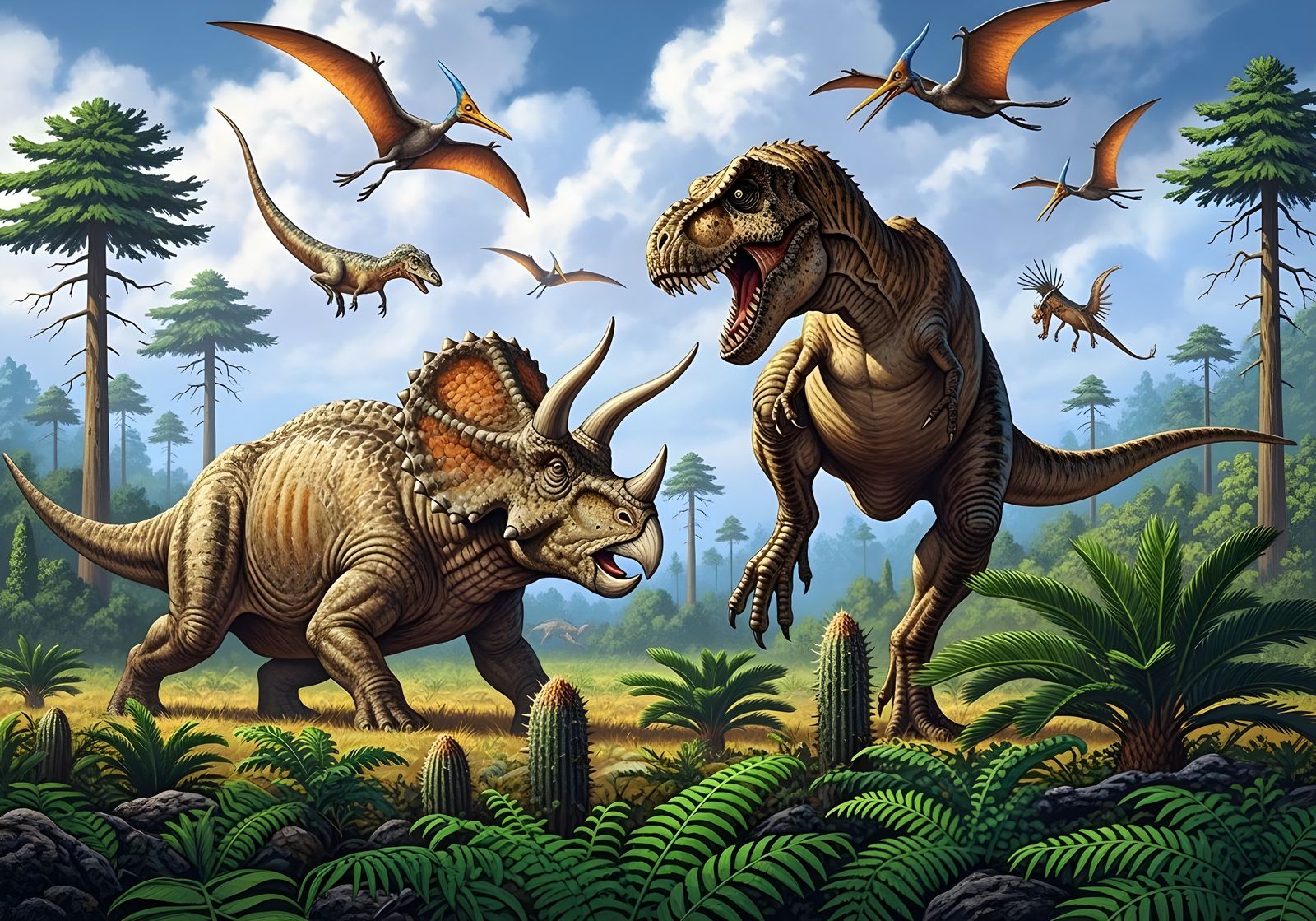 Triceratops and Tyrannosaurus Rex clash  by @Gary Murakami