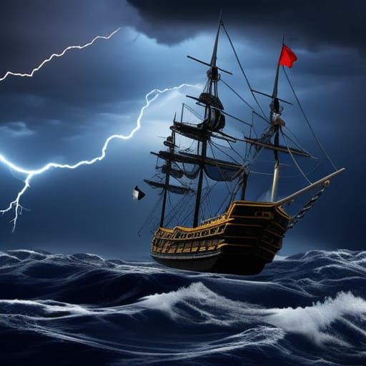 Pirate ship in the stormy sea
