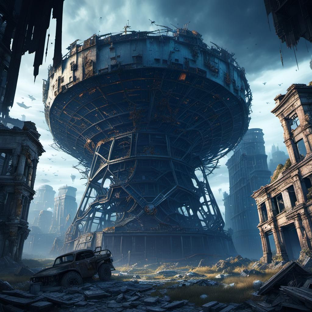 Decayed giant radar in the haunted ruins of an abandoned cit...