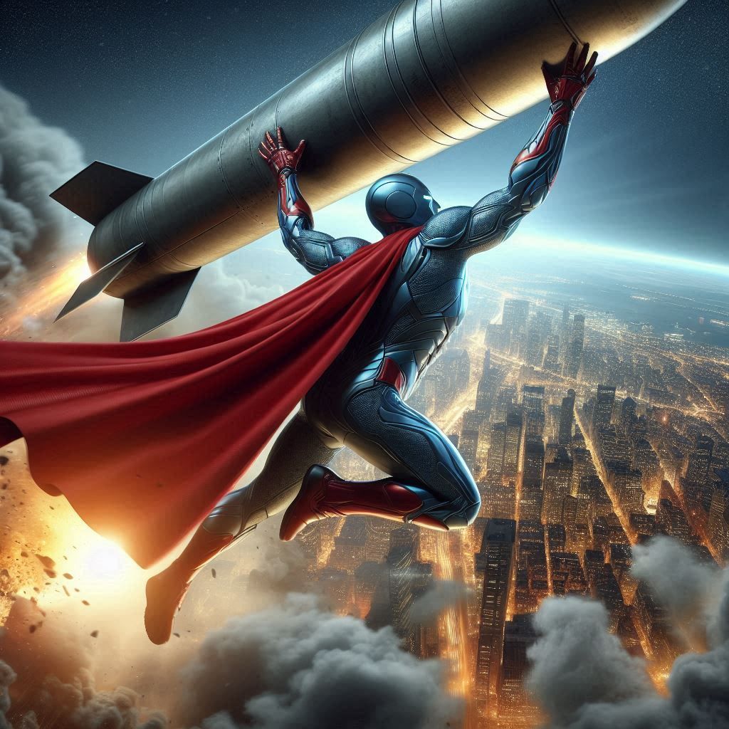 Caped flying hero stopping midair missile from destroying