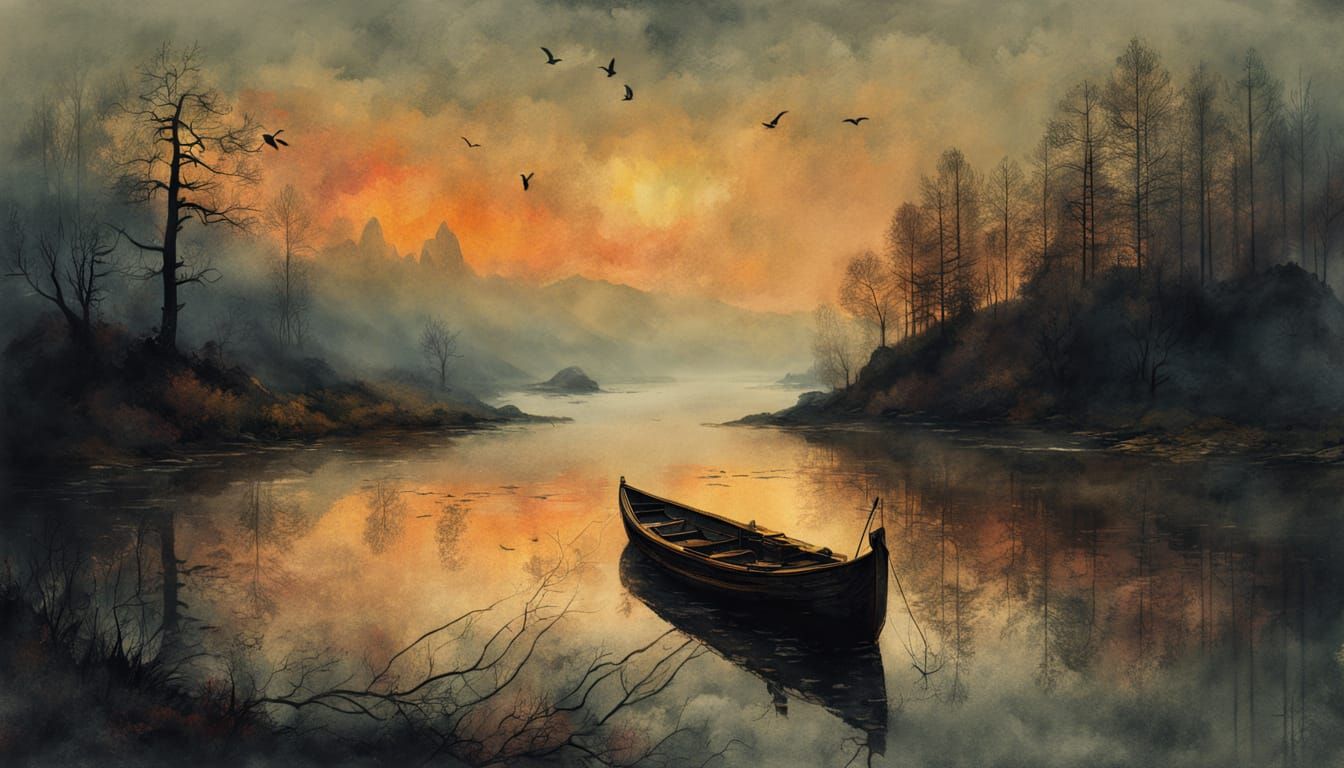 A dramatic modern watercolor on textured canvas, infused with stormy midnight tones and Gothic grandeur. ...  by @barnaby leroy