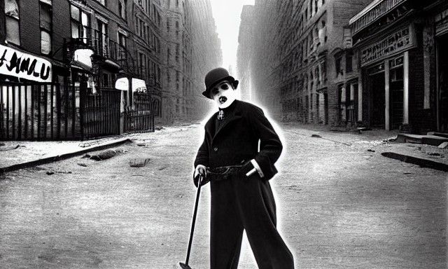 Charlie Chaplin as the tramp on crutches wandering aimlessly...