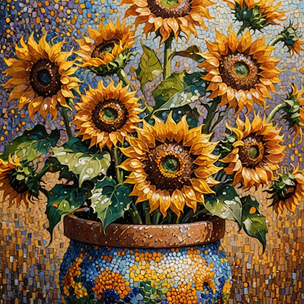 pointillism sunflowers in a brown clay flower pot illuminated by warm orange light  by @Johannes
