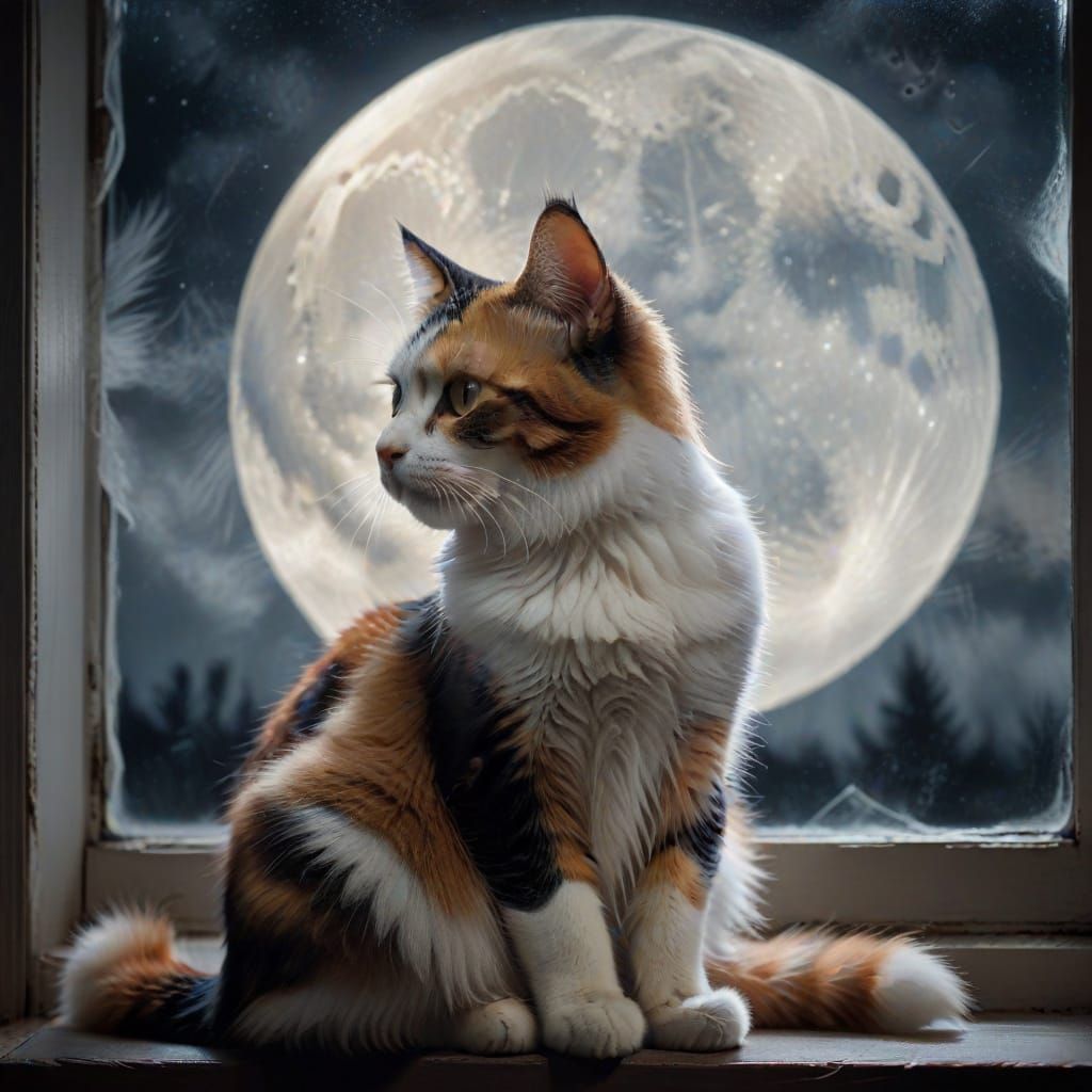 A calico cat sitting in a window with a full moon. 