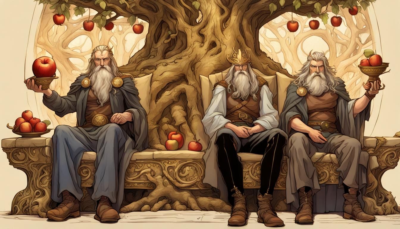 Odin, Thor, and Freyr sit with regal grace on their thrones ...