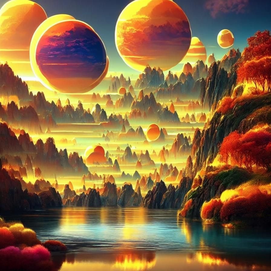 <lora:Coherent:1.0> une planète extraterrestre avec deux lunes reflétées hyperdetailed dans la rivière volumetric lighting warm colors hyper...
