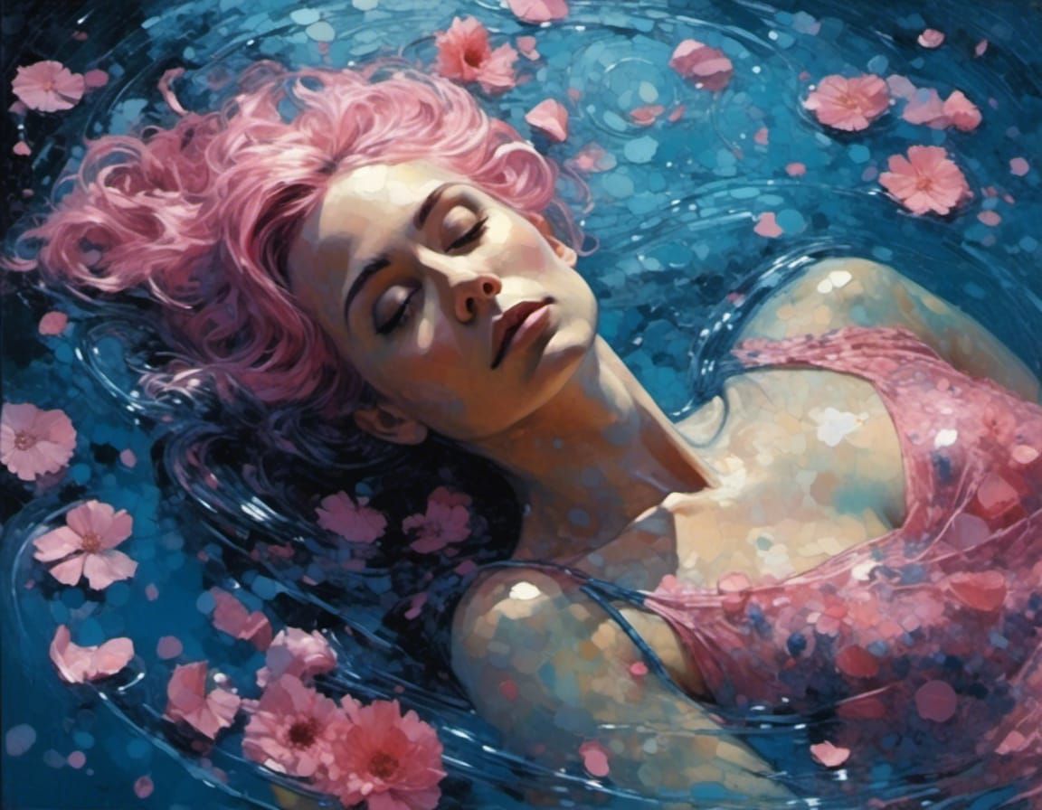 <lora:gothic art saturated:1.0> aerial view, woman with flowing blue hair lying in bath, pink water closeup face portrait animation, flower...