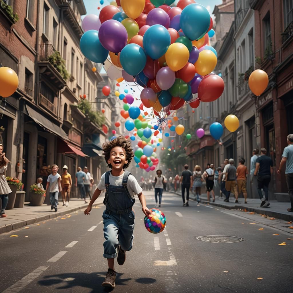 Hyperrealistic portrait of a happy child running down the st...