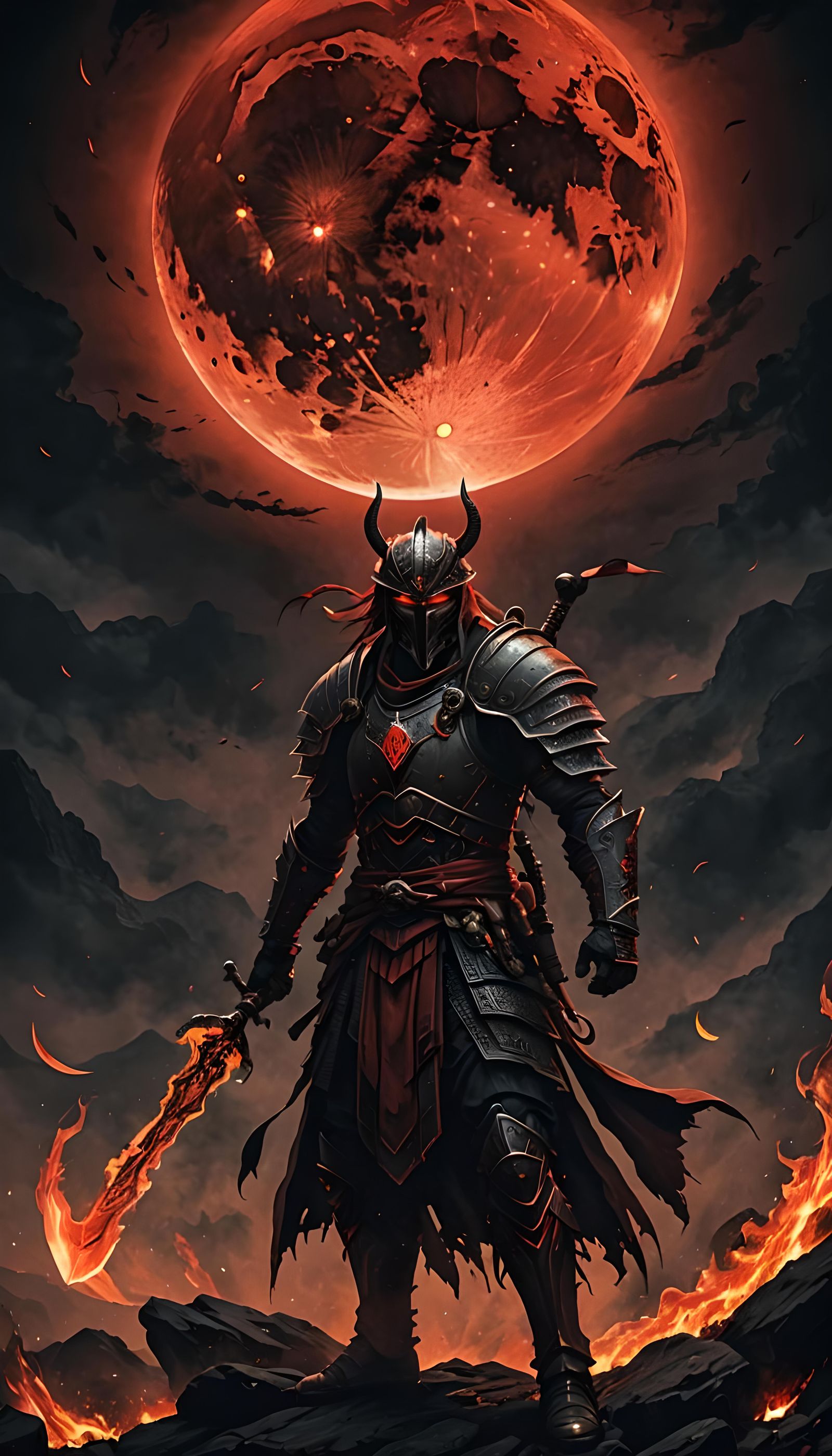 fire, darkness, red moon, warrior