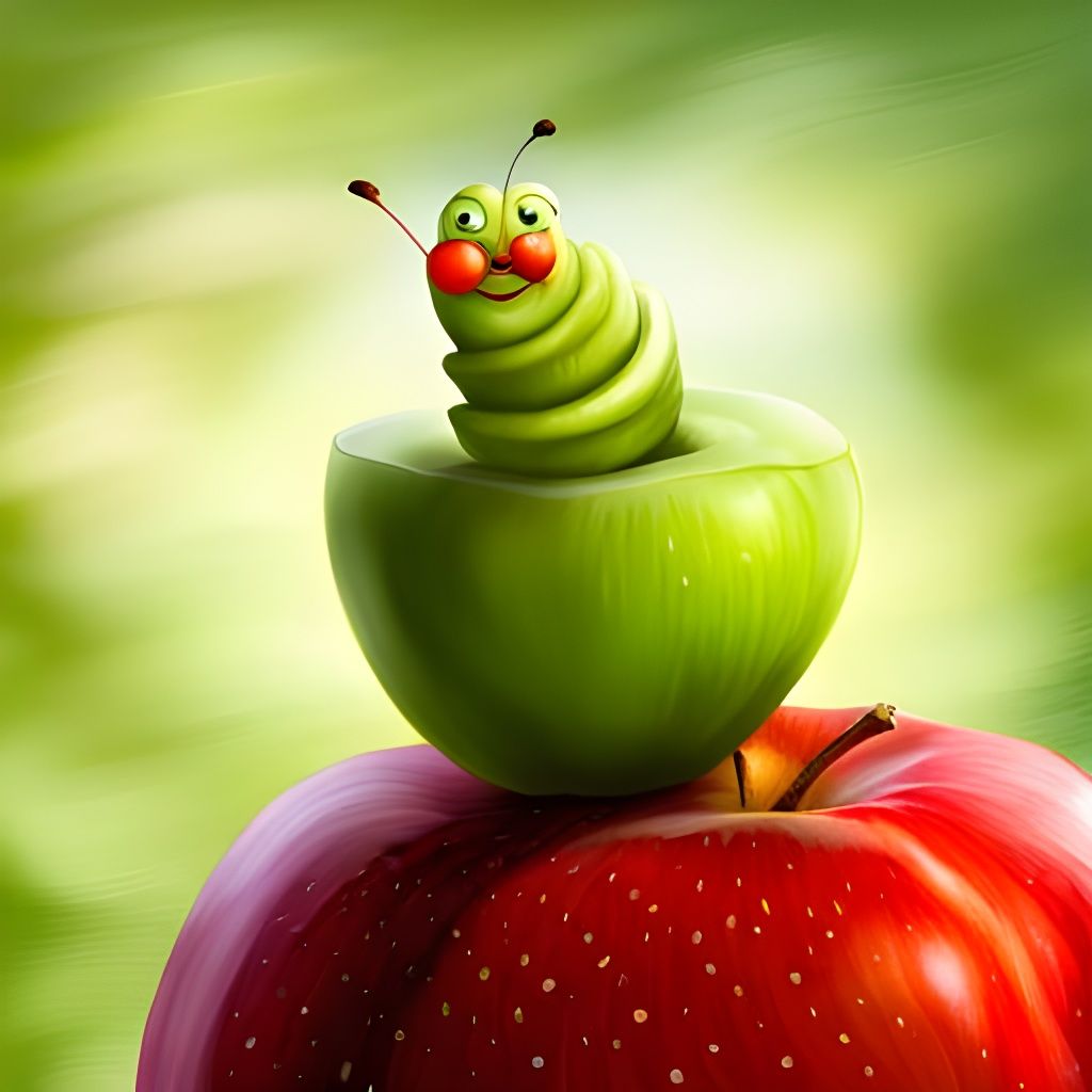 fantasy portrait, cute little worm living in an apple in a g...