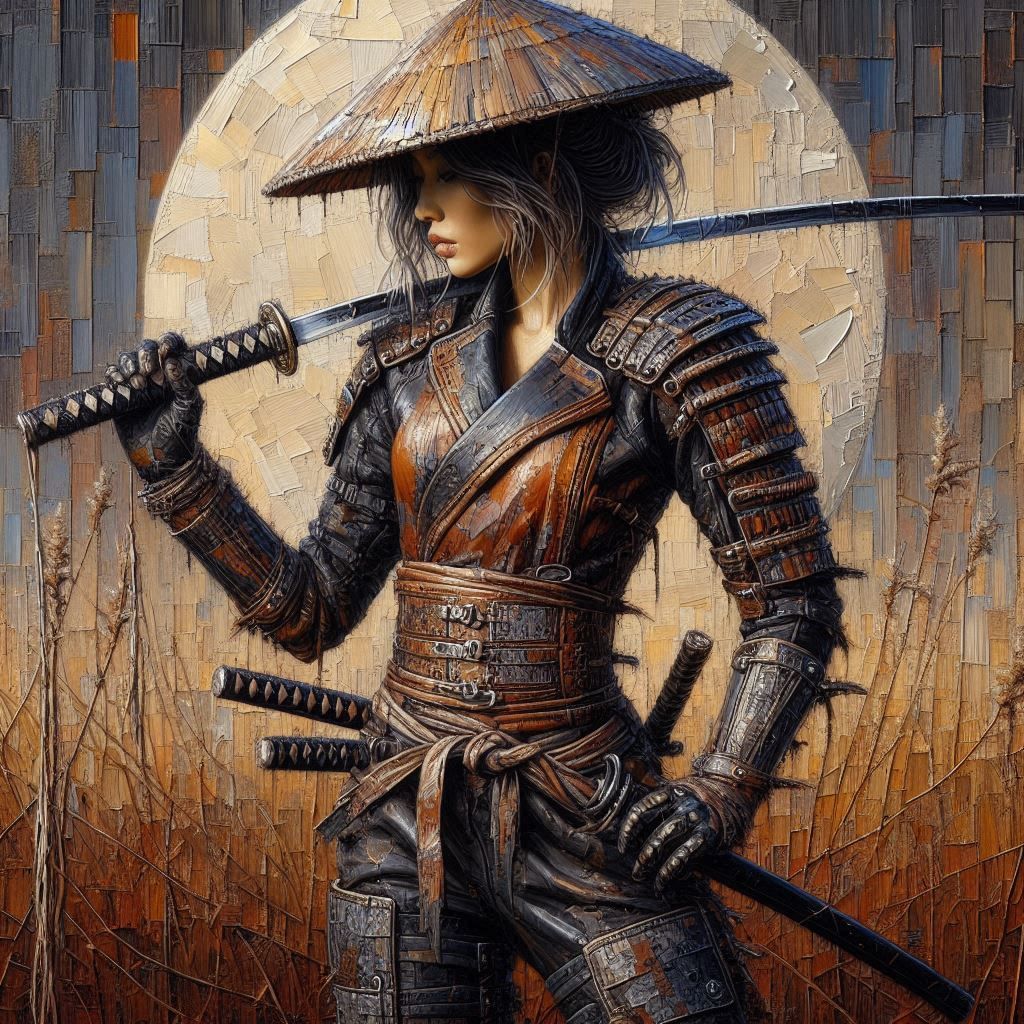 A samurai woman in dry grass field